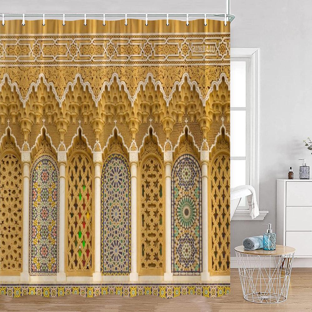 Vintage Moroccan Shower Curtain Ethnic Style Floral Art Retro Architecture Door Bathroom Curtain Polyester Home Decor With Hooks