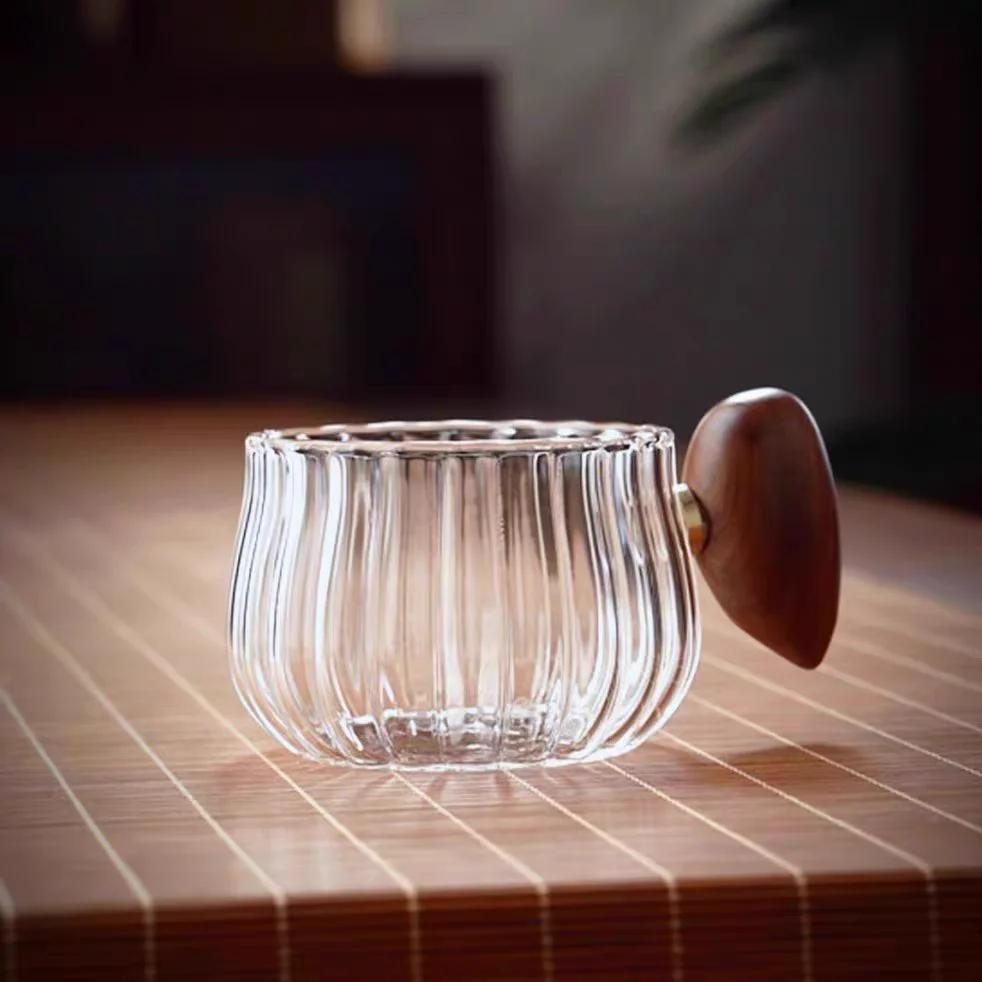 250ml striped heat-resistant borosilicate glass wooden handle iced American latte cup, breakfast milk tea cup