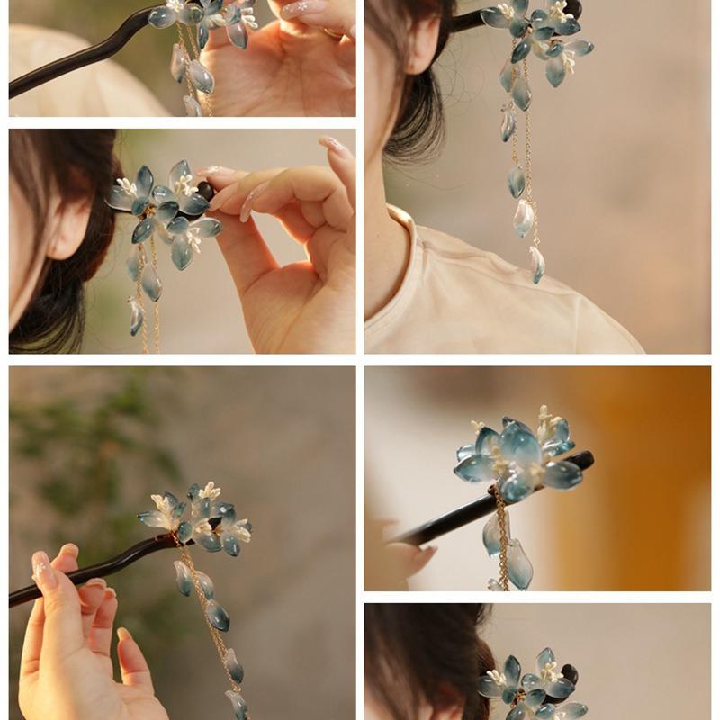 New Chinese Style Glazed Flower Fringed Hairpin Chinese Style Retro Temperament Hairpin Cheongsam Fashionable Versatile Hairpin Hair Accessories