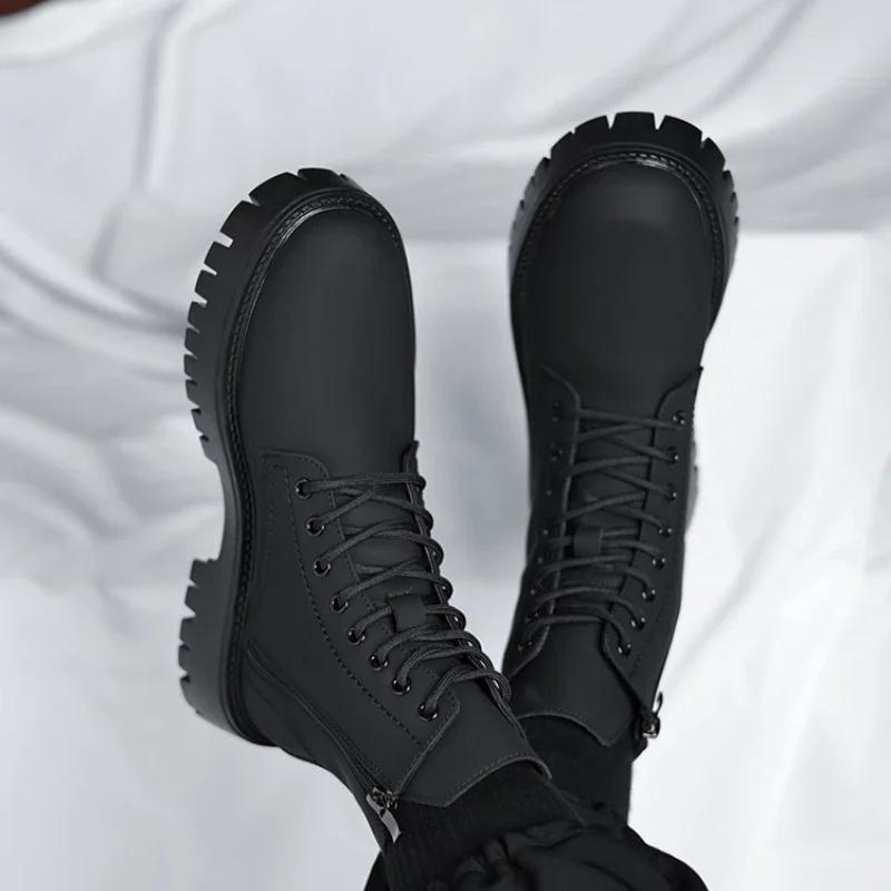 Men's Workwear Boots Autumn British Style Retro Round Head Solid Colour Footwear Lace Up Walking Shoes