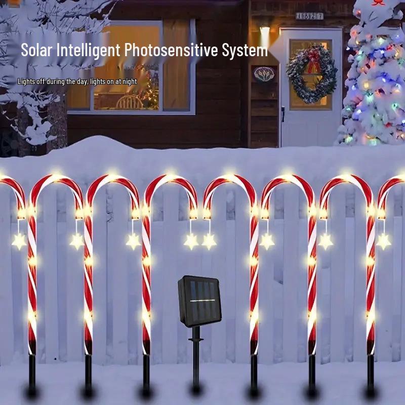 Cross-border Christmas Solar Star Candy Cane Lights for Outdoor Garden and Lawn
