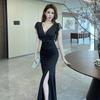 Elegantes V-Ausschnitt Abendkleid mit Schlitz - Figurbetonter Langer Rock