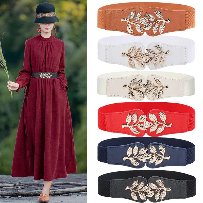 Women'S Elastic Slimming Belt  Retro Metal Leaf Leather Waist Sealing