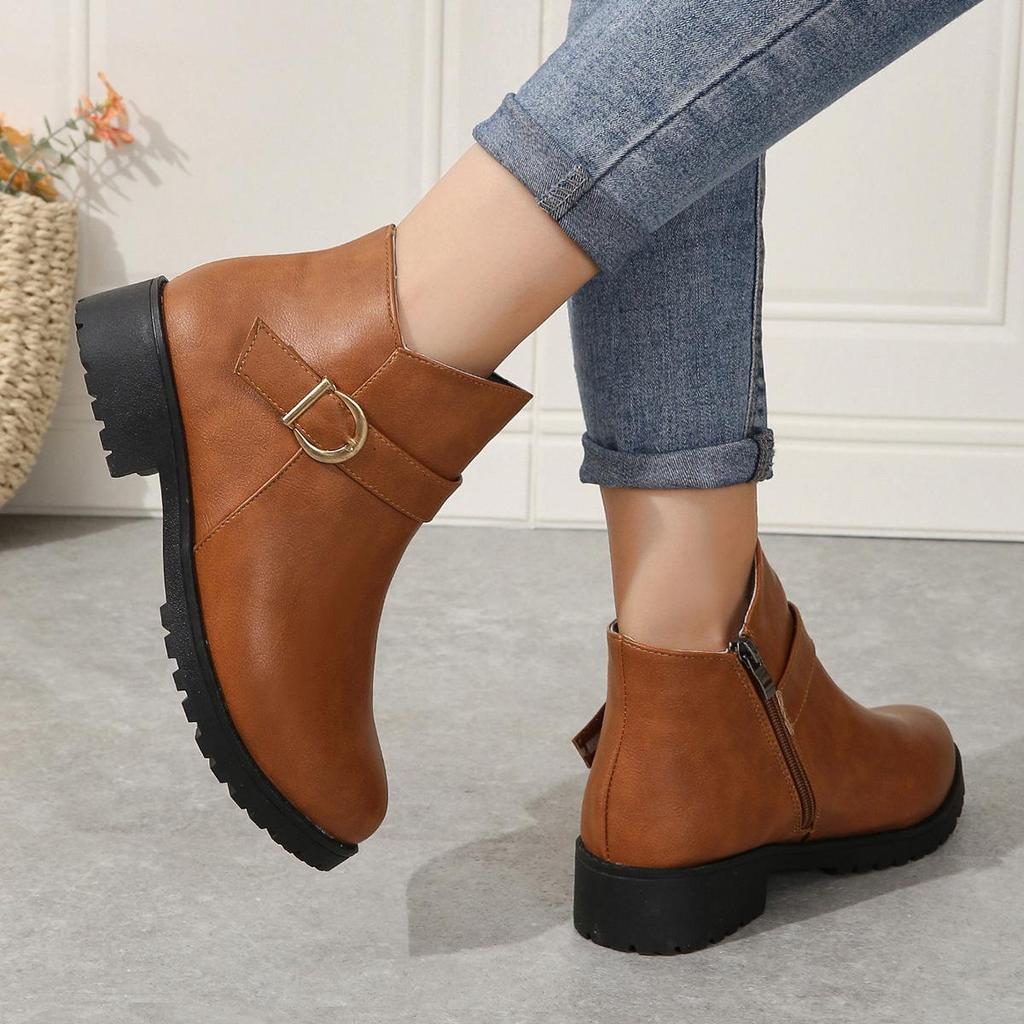 Winterstiefel aus PU-Leder mit kurzen Röhren für Damen, grenzüberschreitend, große Größe, runder Kopf, seitlicher Reißverschluss, dicker Absatz, Stiefel 35-42