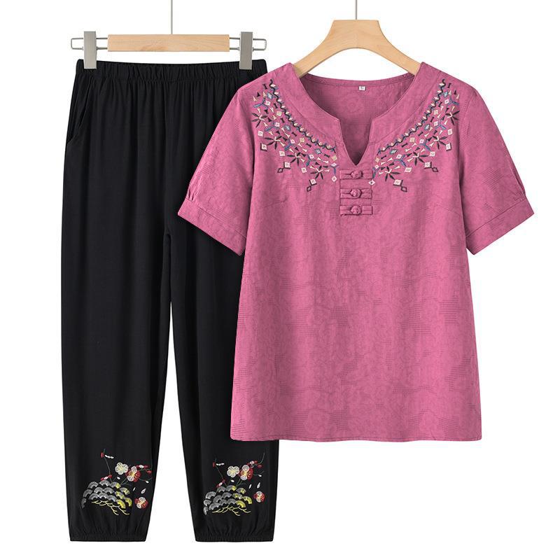 Middle-aged and Elderly Spring and Summer Clothing Casual Thin Short-sleeved + Seven Trousers Two Piece Suit