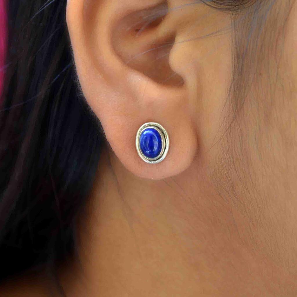 Lapis Lazuli 925 Sterling Silver Studs Earrings, Gemstone Handmade Women & Men Earrings