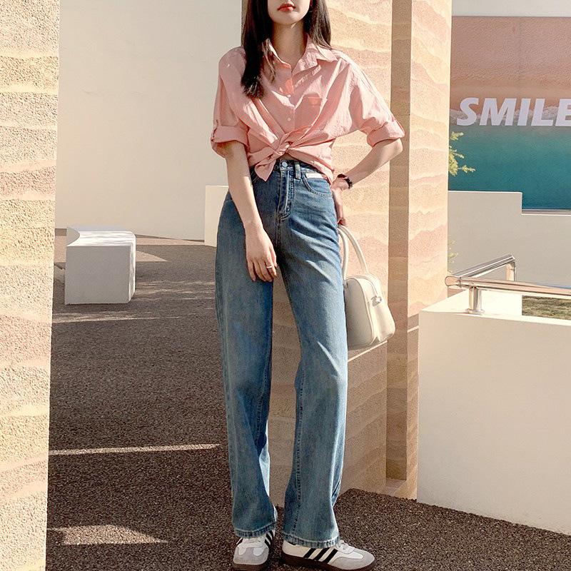 Spring & Autumn High-Waisted Wide-Leg Jeans - Straight, Draping, Loose, Slimming, Floor-Length, Versatile for Female Students. Medium