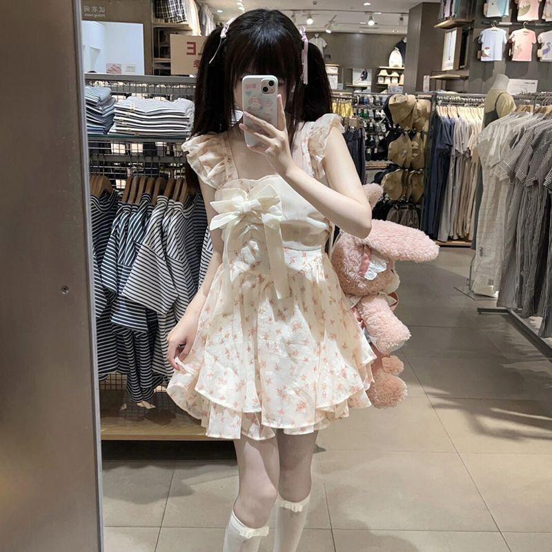 

French sweet wind small flying sleeves floral dress women s summer small bow waist on the run princess short skirt S