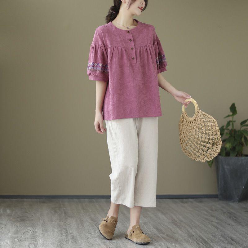 Chic Embroidered Cotton Linen Plus Size Summer Suit for Women - Short Sleeve Two-Piece Set
