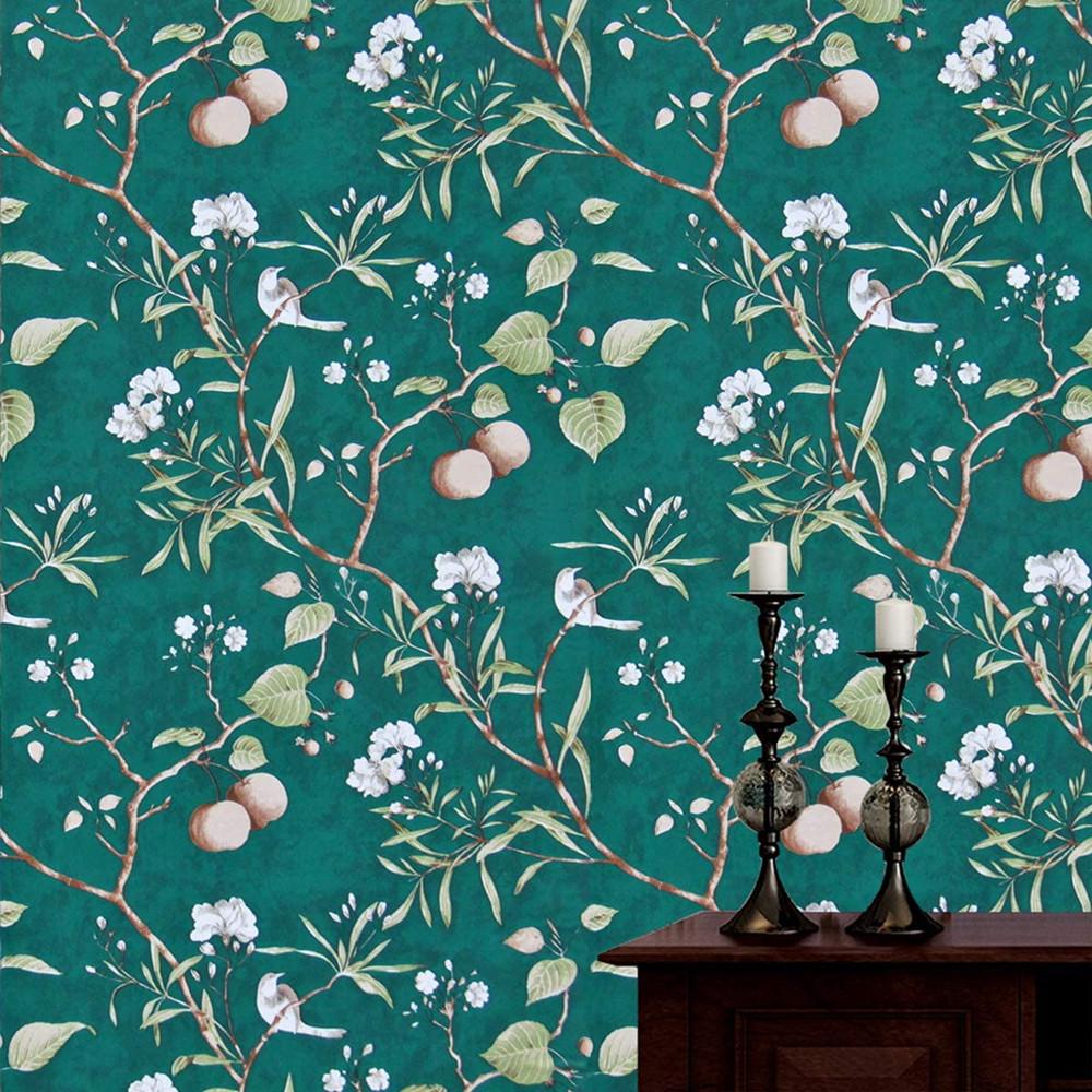 Vinyl Peach Tree Peel And Stick Green Wallpaper with Flower & Bird Motifs Waterproof Removable Self-Adhesive Wall Decor for Home