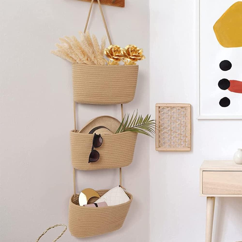 3-Layer Wall Hanging Storage Basket Multipurpose No-Punch Door Storage Pouch Handwoven Hanging Storage Pouches