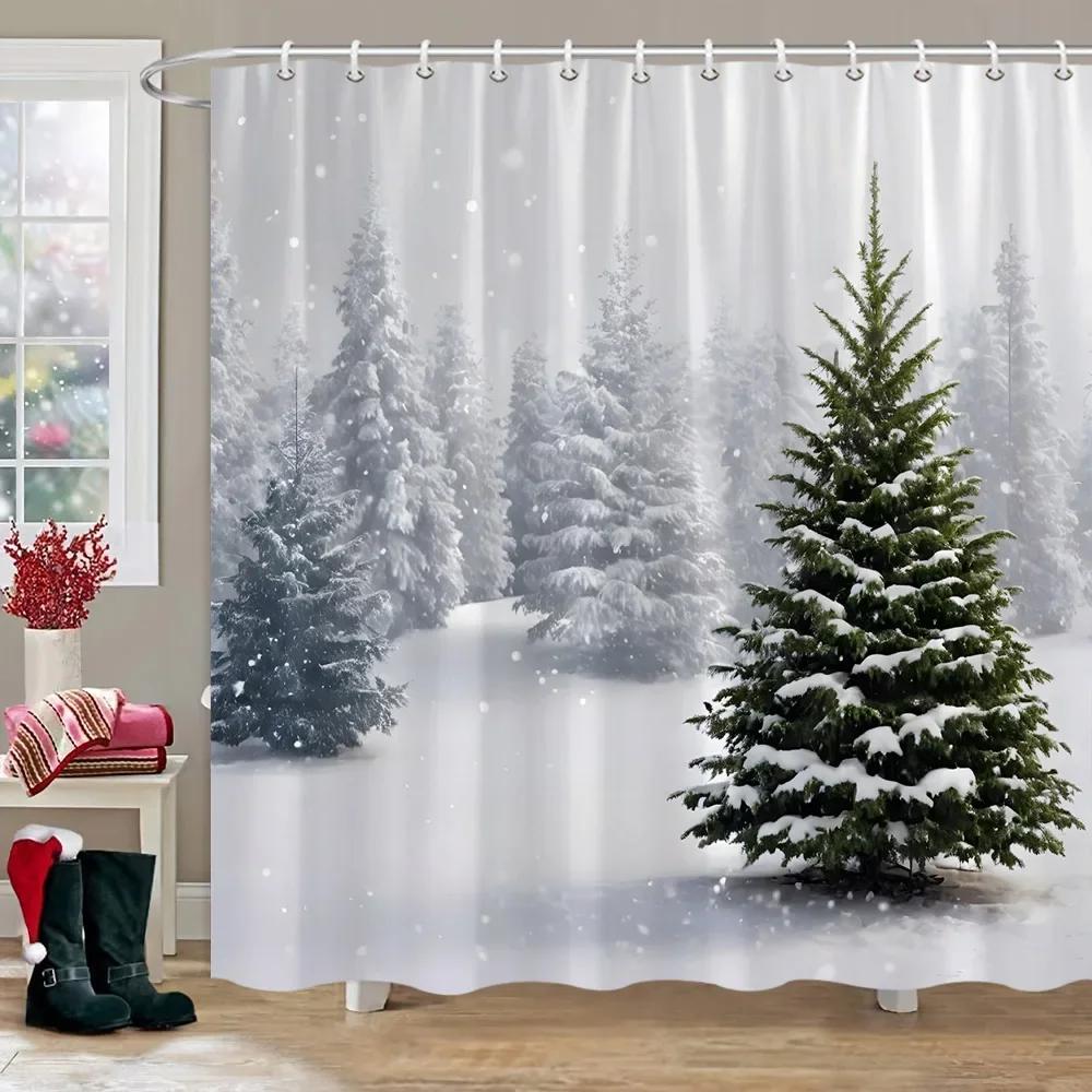 Winter Snow Forest Deer Shower Curtain Christmas Nature Landscape Christmas Gift Polyester Fabric Shower Curtains Bathroom Dec