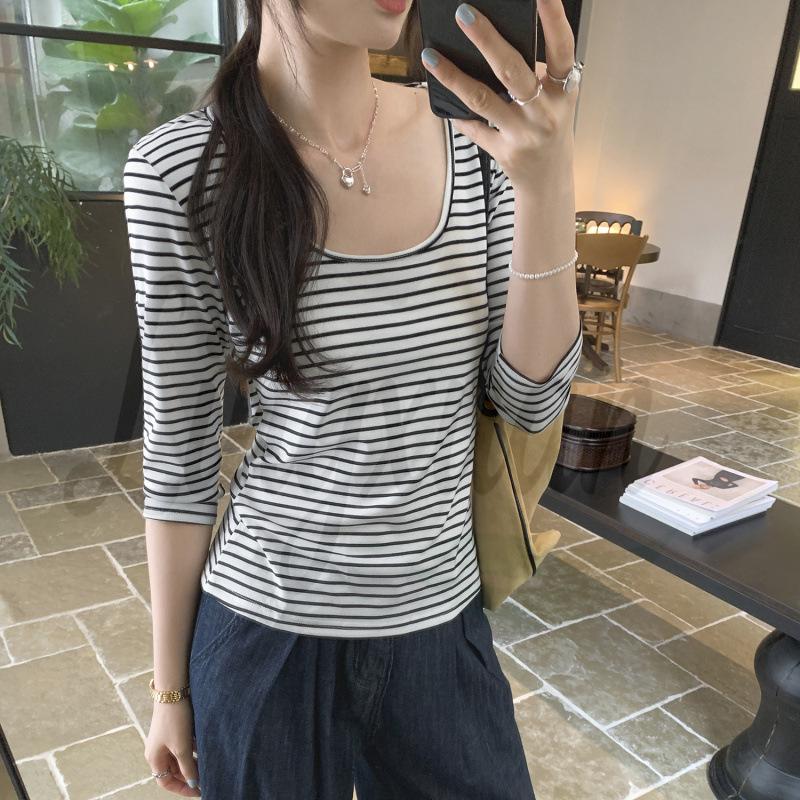 Chic Striped Lyocell Tencel Mid-Sleeve Women s Summer Top Large