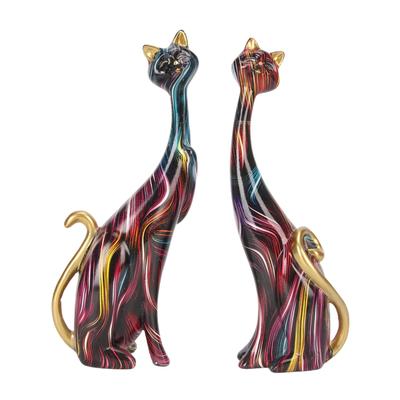 2 Stück Ölgemälde Katzenstatuen Abstraktes Paar Harz Katzenfiguren Katzenskulptur für Schlafzimmer Büro