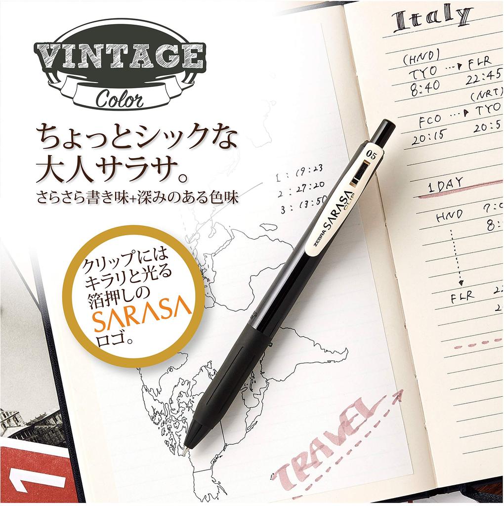 Zebra Sarasa Clip Gel Ballpoint 5 Additional 0.5" Pen, Vintage, Colors, JJ15-5C-VI2
