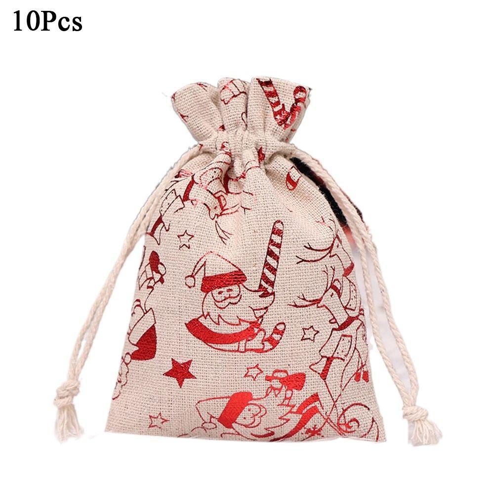 10Pcs Linen Christmas Candy Cotton Bag Hot Gold Santa Claus Christmas Bronzing Gift Bag Printing Drawstring Christmas Gift Bag