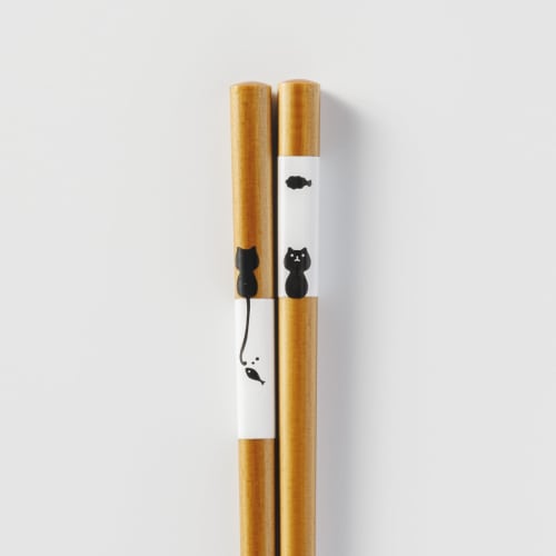 Sunlife Chopsticks, Dishwasher Safe, Adult, Short, 21cm, Hungry, Cat Design, Natural Wood, Made in Japan, H-05928