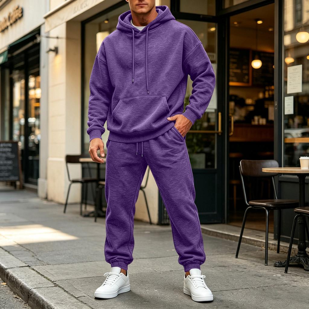 Men's Color Hoodie Set - Casual Two-Piece Track Suit for Sports and Daily Wear