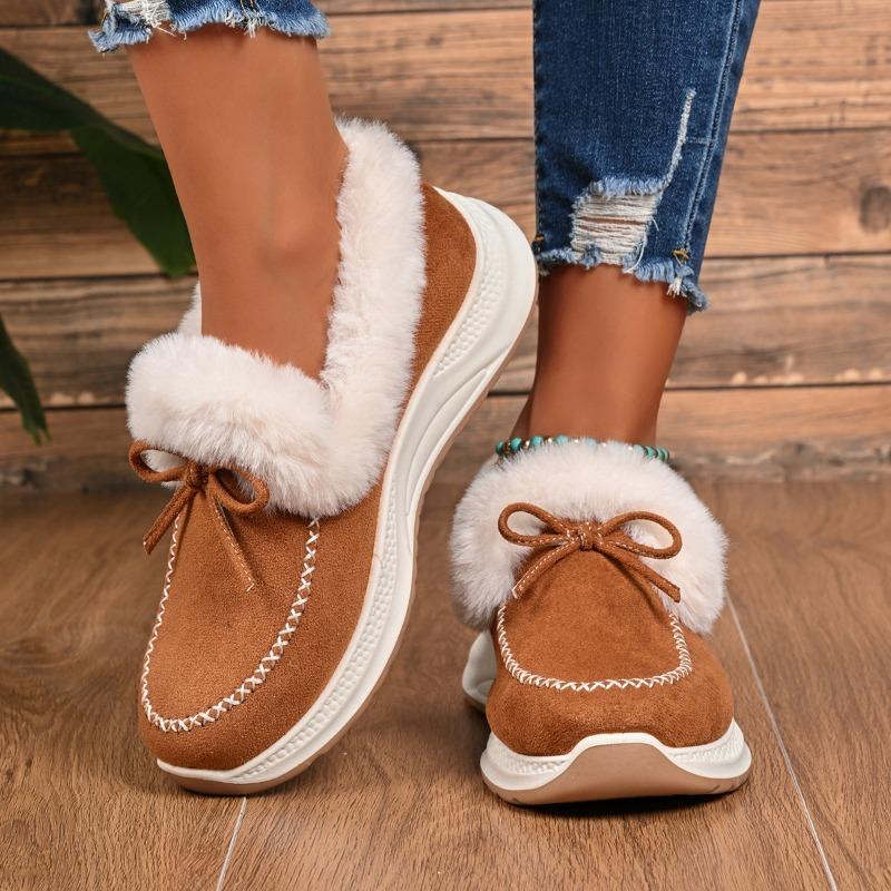 Women's Winter European & American Style Fuzzy Snow Boots - Bow Accent, Warm, Thick-Soled, Plus-Size, Fleece-Lined