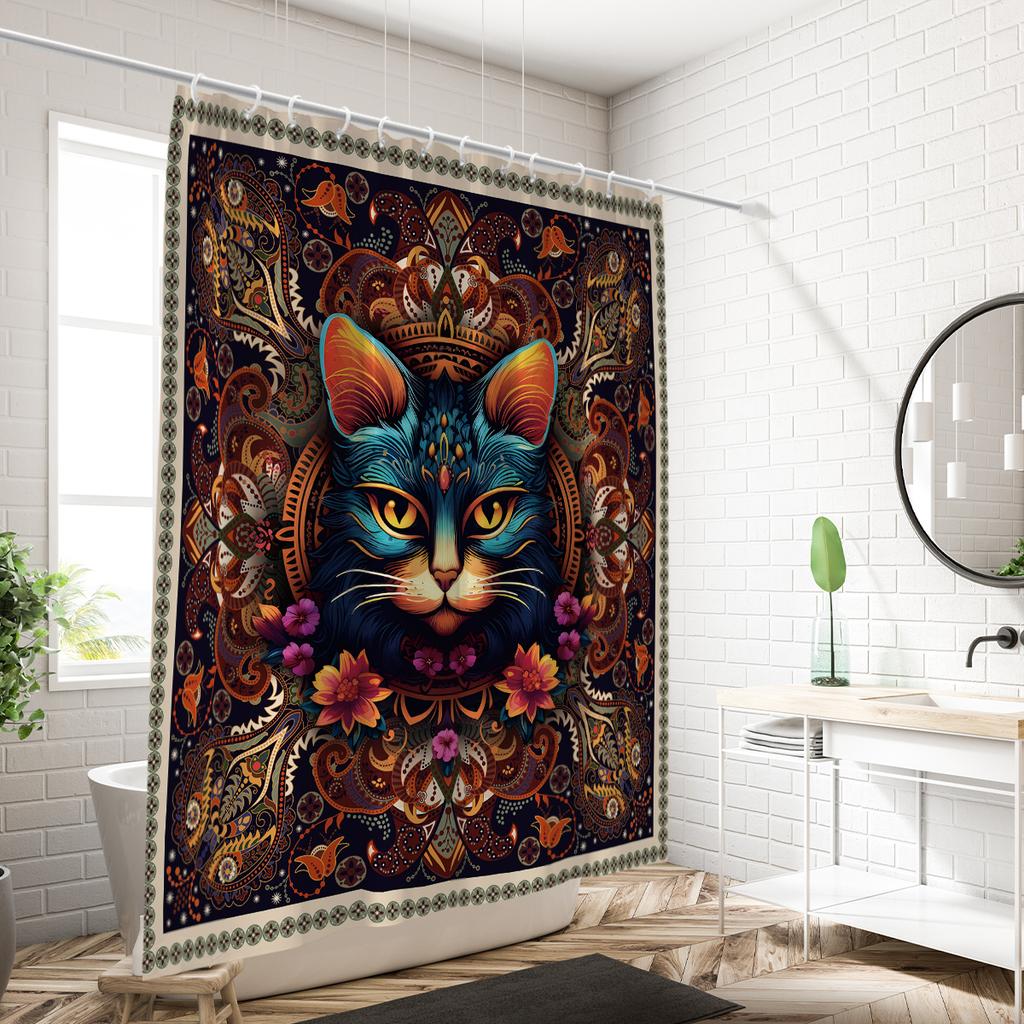 1Pc Cat Printed Waterproof Shower Curtain Bathe Hanging Curtain Partition Multi Size 12 Hooks Easy Installation Protect Privacy