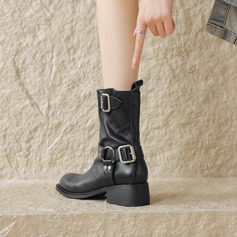 Fashion 2024 Autumn Women Boots Genuine Leather Women Shoes Round Toe Chunky Heel Boots Winter Modern Boots Mid-calf Platform Boots