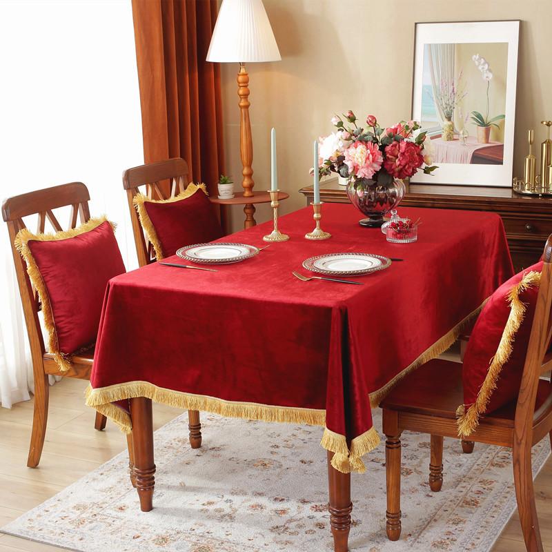 Chinese Style Autumn And Winter Flannel Gold Tassel Red Wedding New Year Festive Round Rectangular Dining Table Cloth Coffee Table