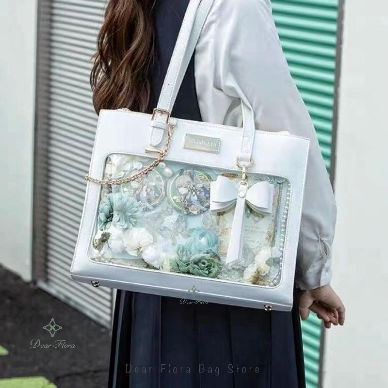 Damen Mode Schleife Ita Tasche Modische Tragetasche Süßes Mädchen Transparente Umhängetasche Lolita Umhängetasche DIY Display Abzeichen Handtaschen