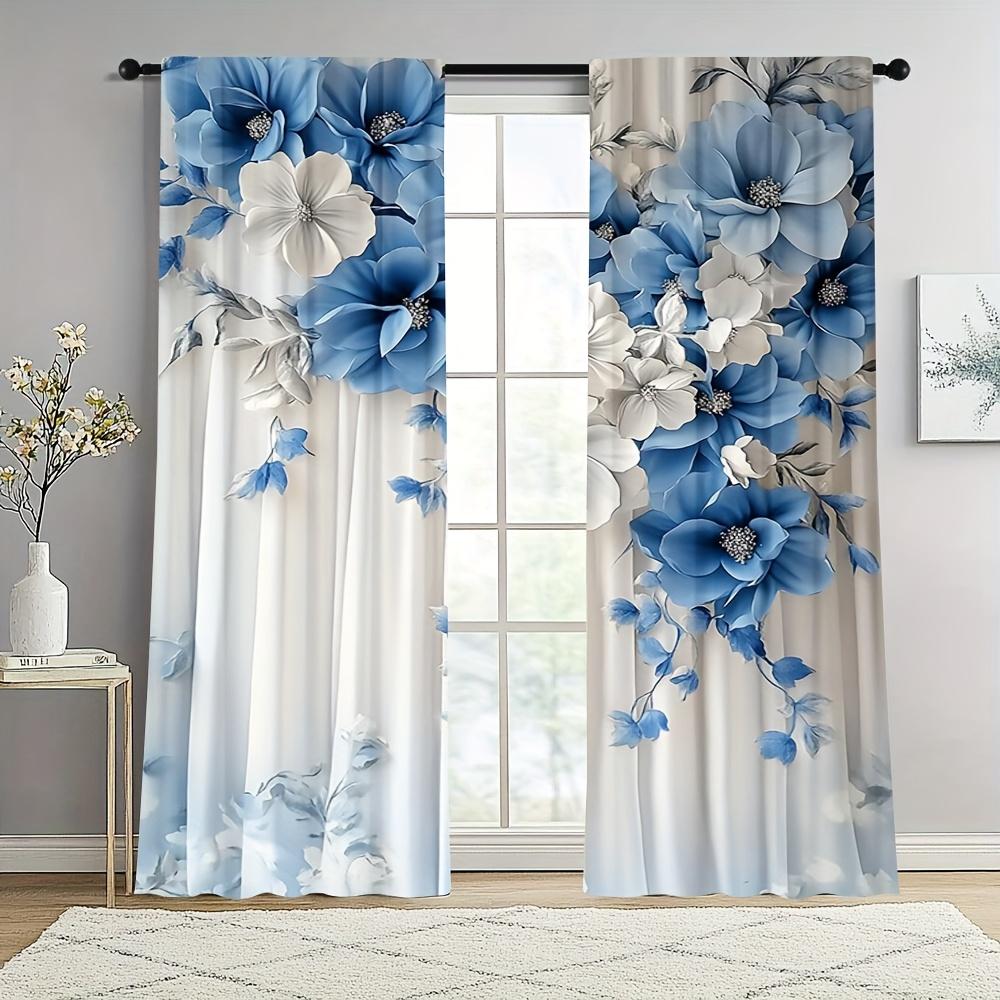 2 Pieces Blue And White Floral Print Door Curta - Machine Washable Polyester For Bedroom, Living Room, Kitchen, Office