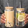With Straw and Lid Glass Can Shaped Cups Spill-Proof Bubble Tea Cup Glass Drink Cup  Milk Tea