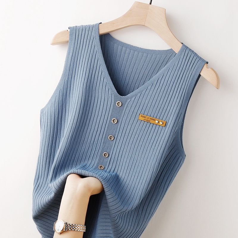 Fashion Women Knitted V-neck Tank Top Korean Clothing Summer Female Slim Versatile Solid Bottoming Sleeveless Thin Casual Vest