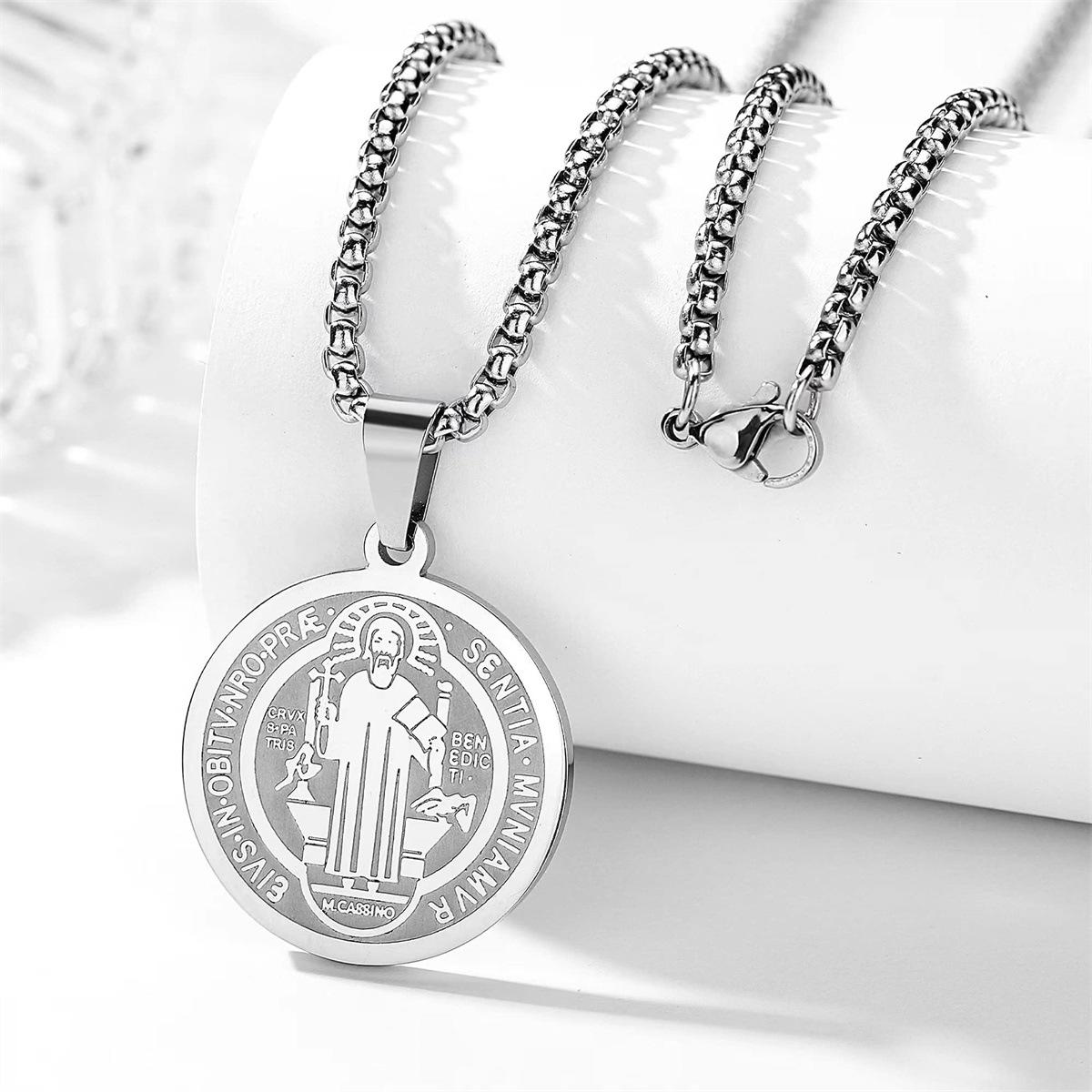 Father Saint Benedict Double Figure Cross Round Exorcism Pendant Necklace 60CM
