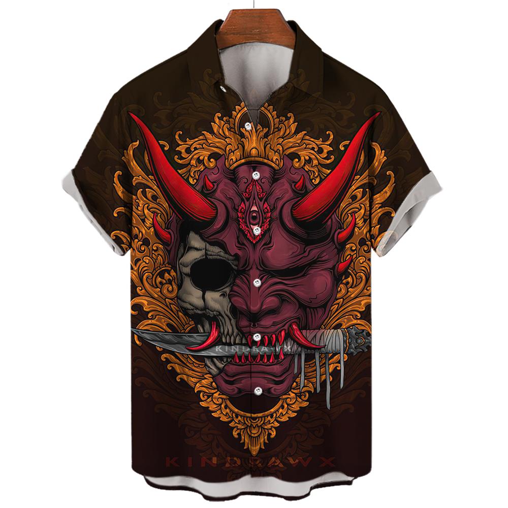 Hawaiian Men's Oversized 3D Printing Devil High Quality Shirts Summer Streetwear Gothic Short Sleeve Vintage Fashion Button