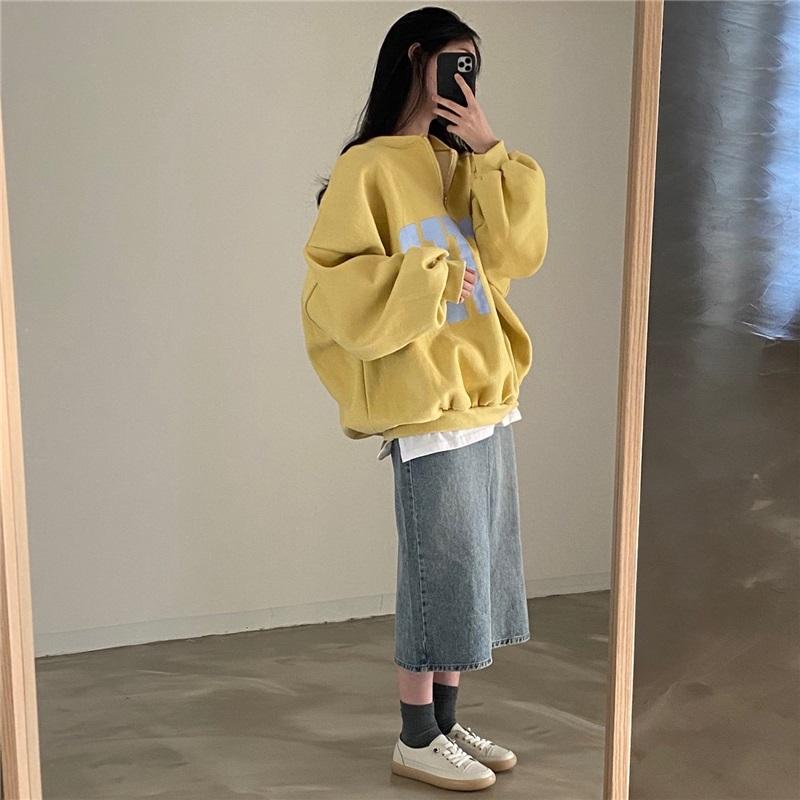 Felpa da Donna con Mezza Zip Stampa Lettere Vestibilità Larga Casual Collo Alto Pullover
