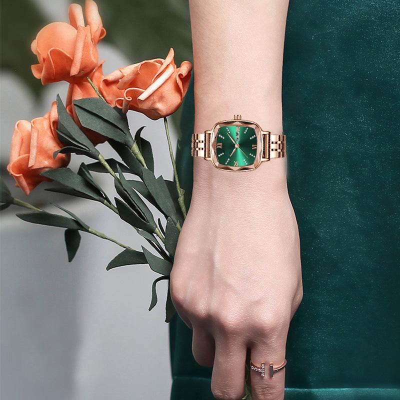 Uhr Elegant Vintage Schlichter Stil Quarz Wasserdicht Armband Armband Strass Steine Zifferblatt Armbanduhr Für Damen Grün