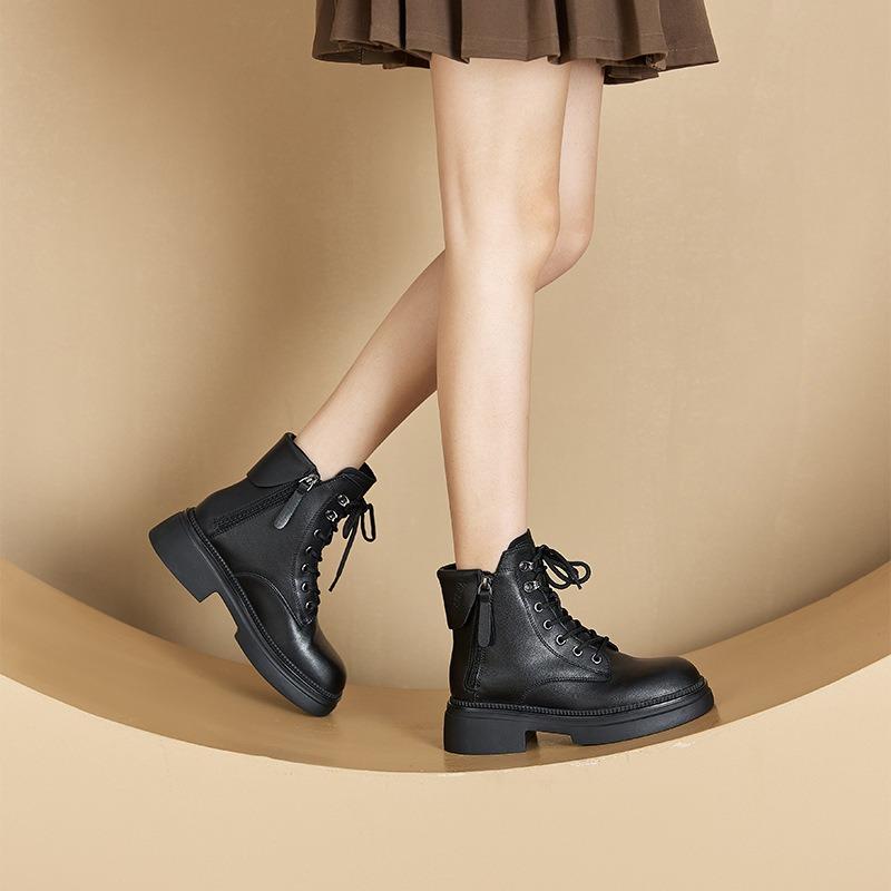 Podzimní Kožené Retro Martinky Dámské Boty na Platformě s Dvojitým Zipem Ležérní Boty Dámské Šněrovací Dámské Kožené Boty