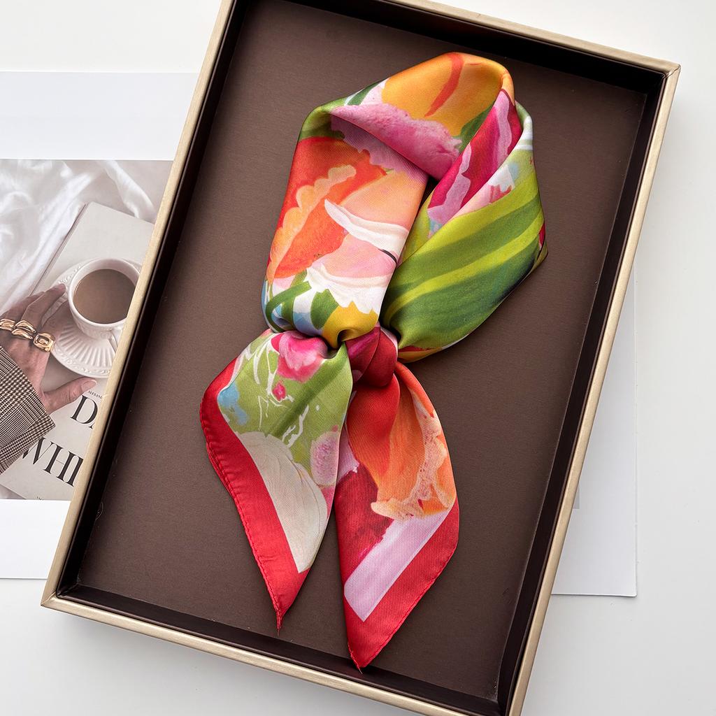 Floral Printed Square Scarf For Women Color Imitation Silk Scarves Bandanas Luxury Hijab Neckerchief Elegant Beach Shawl Wraps