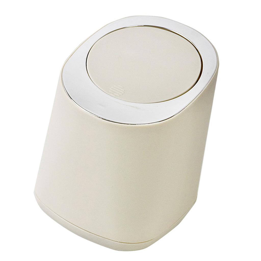 Desktop Trash Can Plastic Minimalist Design Mini Pressing Table Round Wastebasket for Office Beige