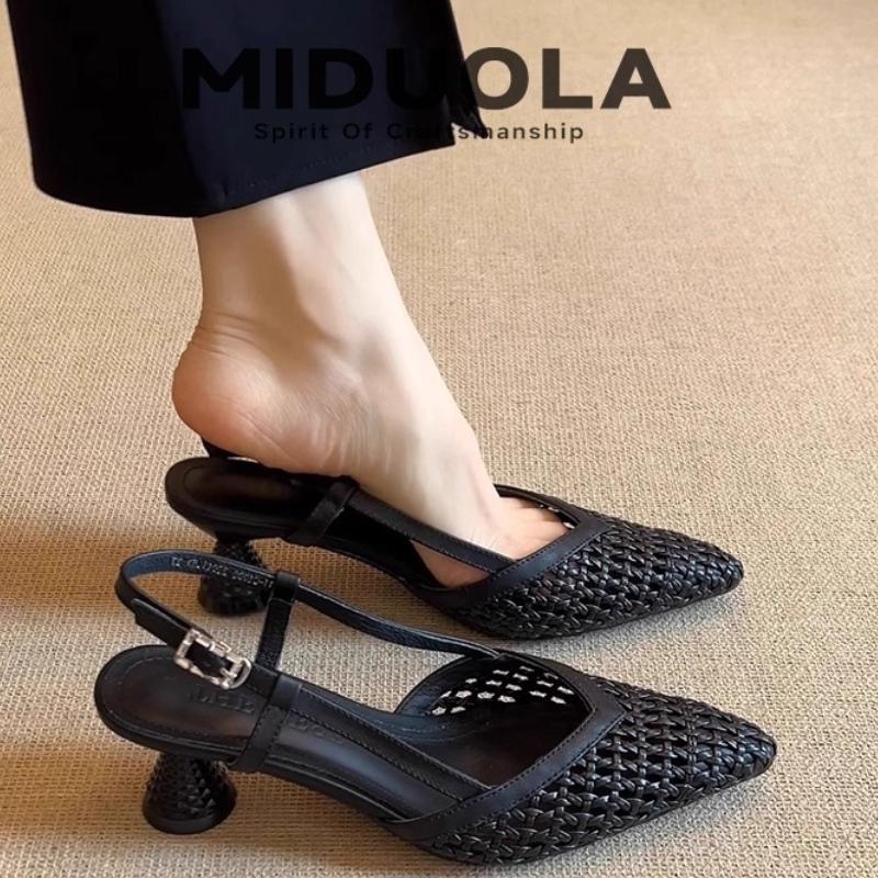 Fashion 2025 Summer Shoes Skeletonized Fashionable Leather Fabric Mid-heel Women Sandals French Square-toed Woven High-heeled Sandals