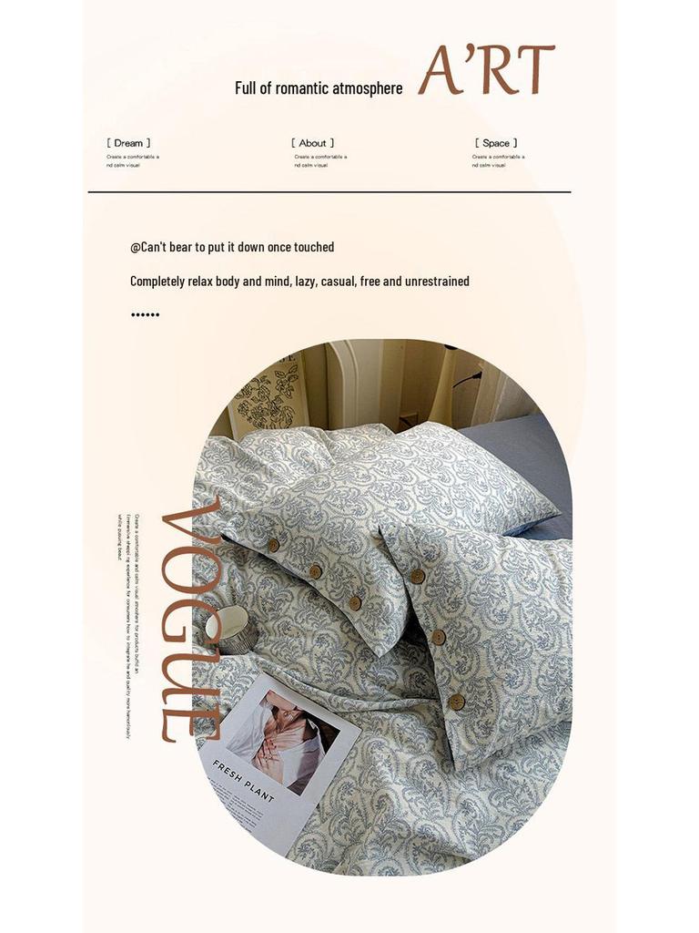 Retro Floral Linen Bedding Set: Autumn & Winter 4-Piece with Button Duvet Cover & Sheet