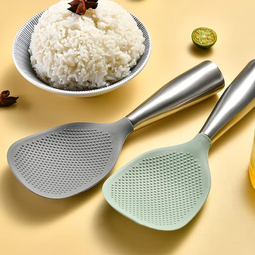 Stainless Steel Handle Silicone Rice Spoon Stand up High Temperature Resistant Non-Stick Home Electric Rice Cooker Spoon