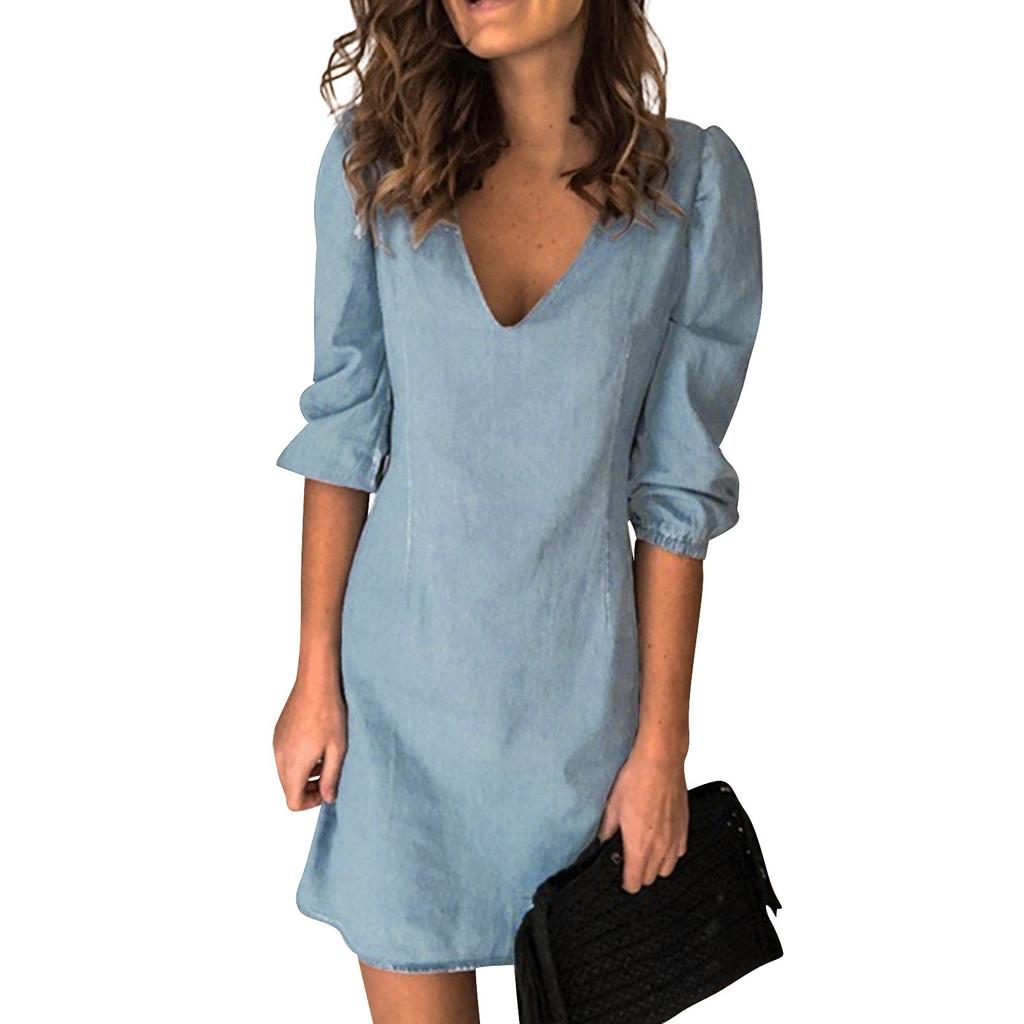 Women's Fashion Deep V-Neck Sexy Color Peplum Casual Dresses
