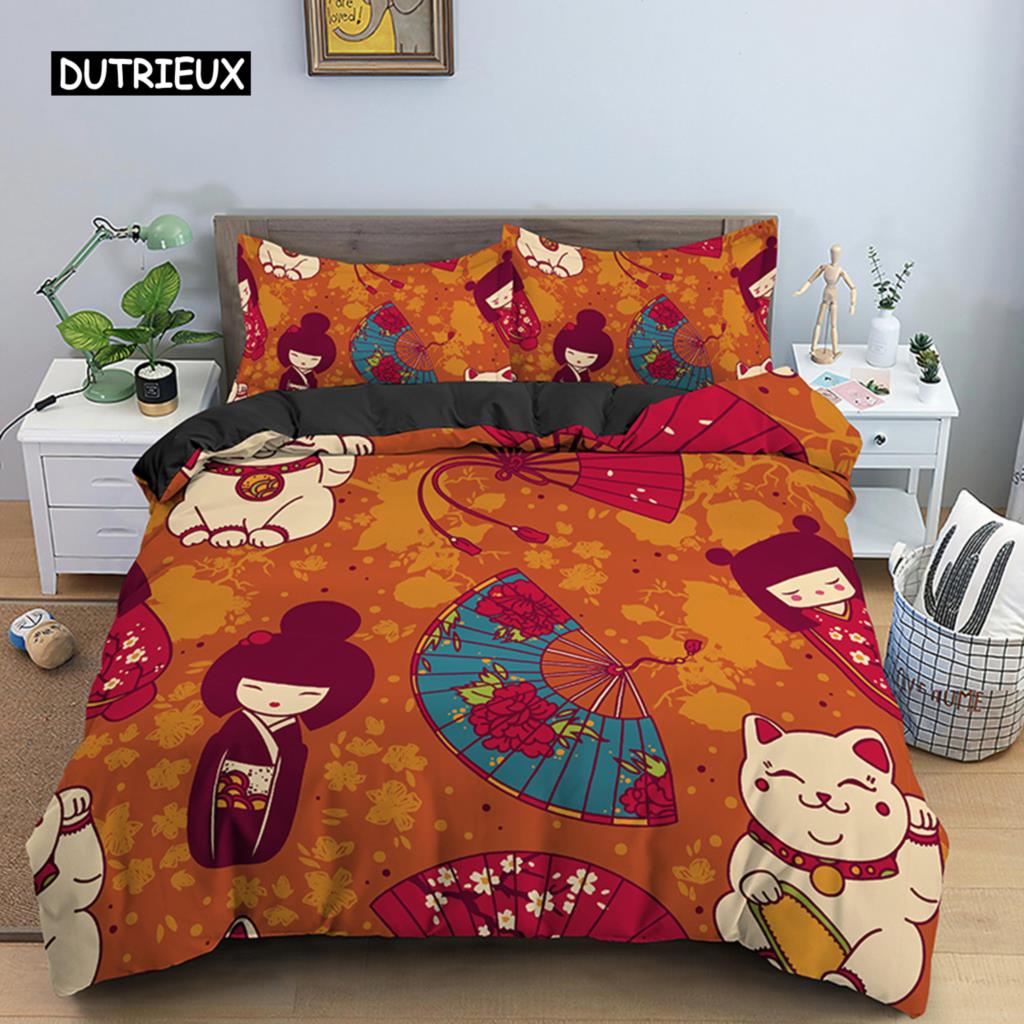 Japanese Doll Duvet Cover Set King Wearing Kimono Doll Sakura Pattern Bedding Set Microfiber Japanese Kawaii Style Quilt Cover