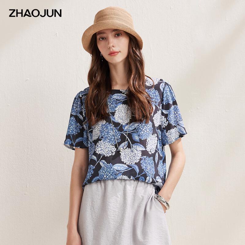 Zhaojun Women's Printed Mulberry Silk Short Sleeve Blouse
