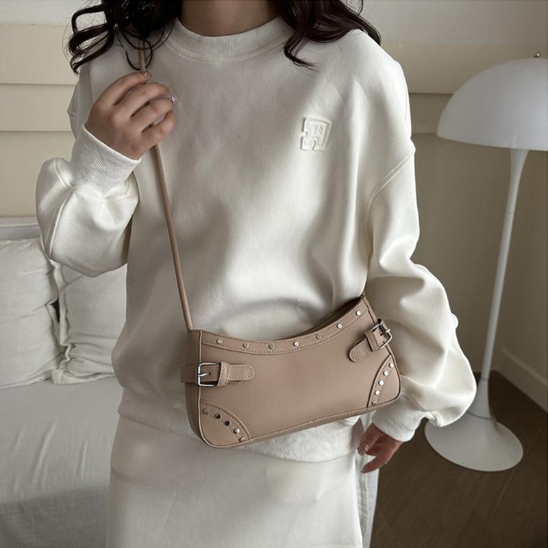 Retro Studded Faux Leather Shoulder Bag with Buckle Detail, Multi-Color for Daily Use Shopping Dating, Commuting and Short Trips