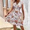 Women Summer Cap Sleeve V Neck Floral Printed Holiday Beach One Piece Dress