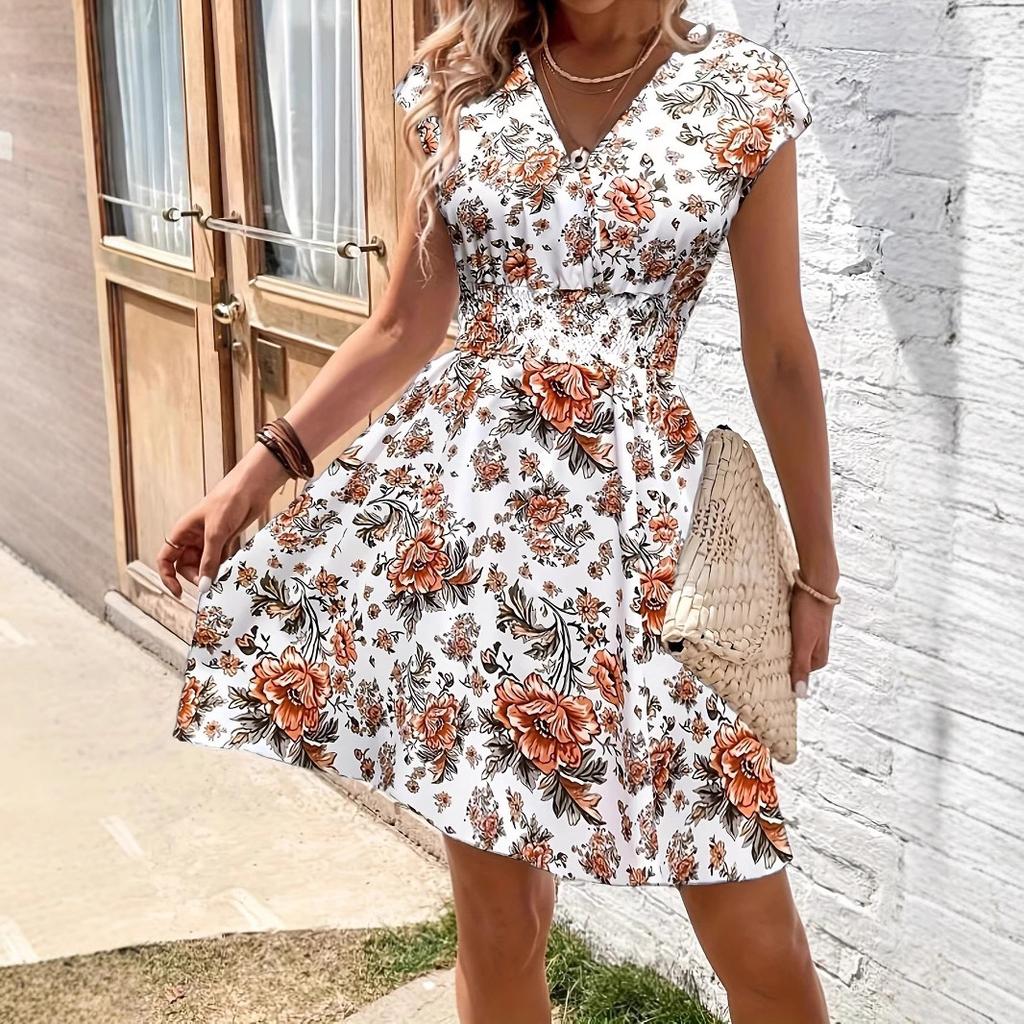 Women Summer Cap Sleeve V Neck Floral Printed Holiday Beach One Piece Dress