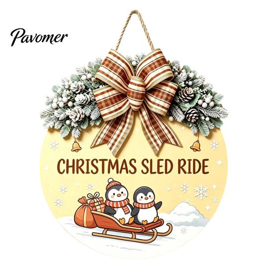 Indoor Outdoor Porch Ornament Christmas Wooden Welcome Sign for Front Door, Round Hanging with Handmade Craft Artificial Pine Branches & Bow