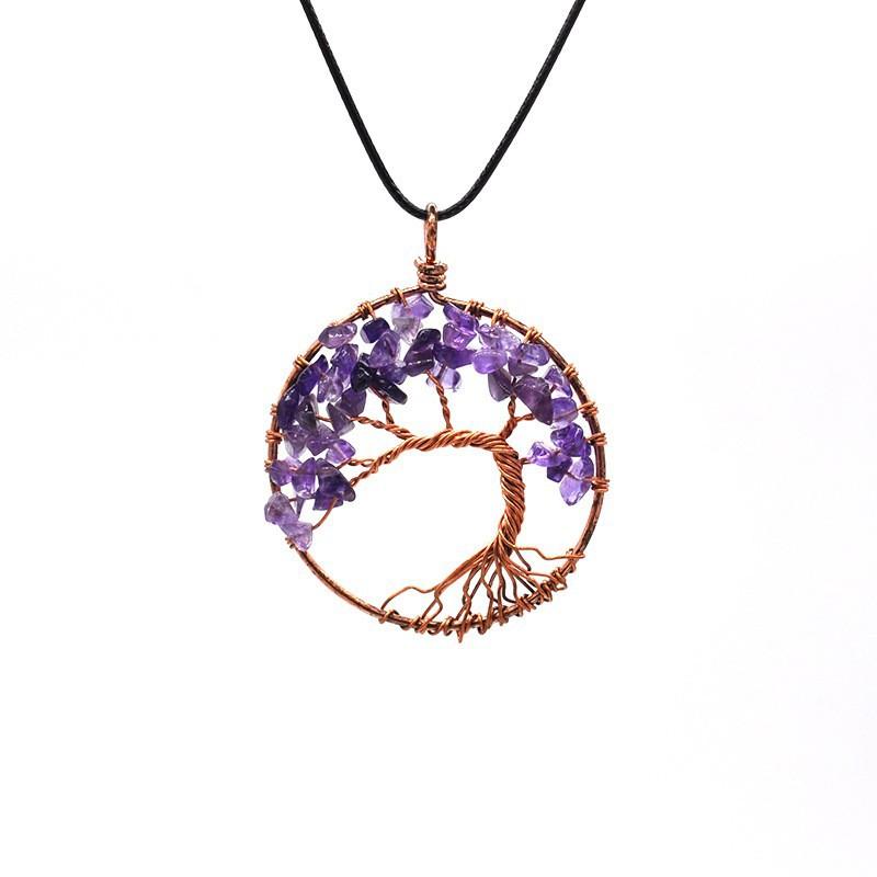 Hand-Wound Natural Stone Crystal Ancient Red Copper Curved Tree Of Life Curved Tree Necklace N01