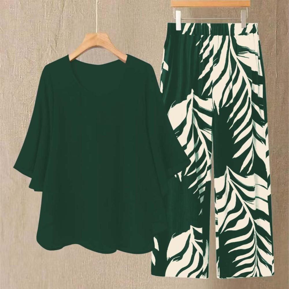 Spring Casual O Neck Women's Long-sleeved Chiffon Top Suit Fashion Elegant Loose Vacation Female Printed Trousers 2piece Set
