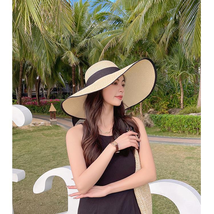 Women's Extra Large Wide Brim Straw Sun Hat with Bowknot - Summer Seaside UV Protection